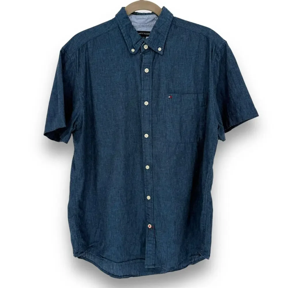 Tommy Hilfiger Chambray Casual Button Down Shirt, Short Sleeve, Men's Size L